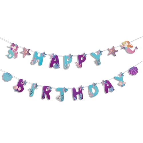 Image of SUNBEAUTY Mermaid Happy Birthday Banner Little Mermaid Theme Birthday Decorations for Girls Ocean Theme Party Supplies for Baby Shower | Pre-Strung