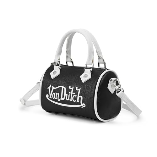 Von Dutch Core Hanna Bag | 6.5 Vegan Leather Mini Crossbody with Logo Hardware Top Handles & Branded Interior Pouch Black and White