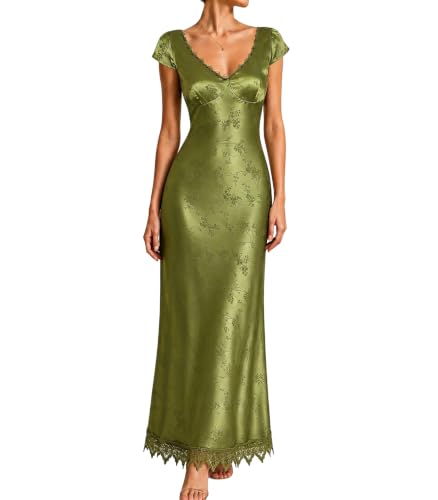 RIHOAS Green Satin Floral Elegant Midi Dress - Formal Semi Formal Cocktail Party Wedding Guest Prom Birthday Date Night Holiday Fall Winter Dress for Women
