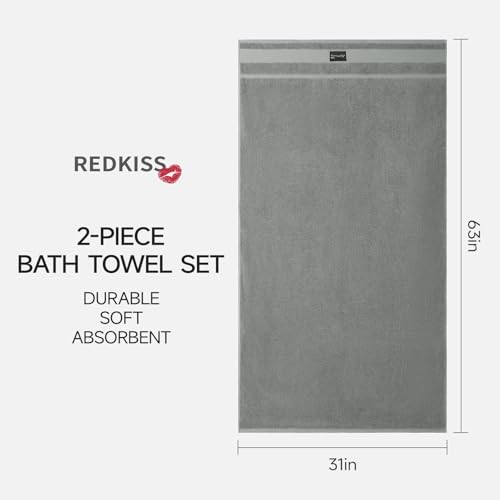 REDKISS Large Bath Towels Set 2 Piece, 100% Cotton, 31x63 in,Heavyweight 760GSM, Highly Absorbent & Quick Dry, Super Soft Luxury Bath Towel for Bathroom,Hotel Collection - Gray - Image 2