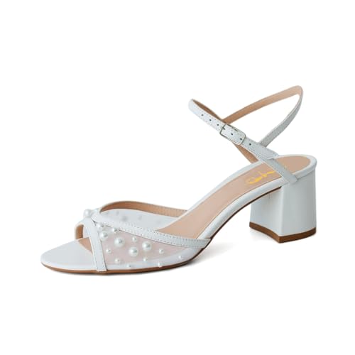 XYD Women Pearls Open Toe Block Sandals Ankle Strap with Buckle Mid Low Heel Pumps Summer Dating Casual Shoes