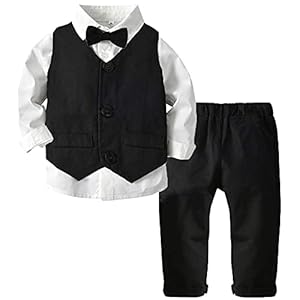 ARTMINE Boys 3-Piece Vest Suits Set Long Sleeve Shirts and Pants Outfits Set with Tie