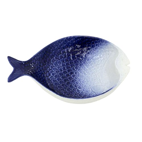 Blue Ombre Fish Dish | Large Ceramic Fish Shaped Serving Platter | Nautical Tableware for Seafood, Buffets & Alfresco Dining - 31x21cm