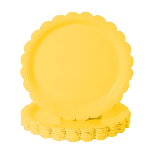 BEFORYOU 50PCS Disposable Paper Plates Scalloped Yellow Party Plates 7IN