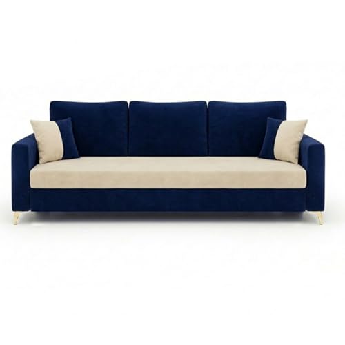 Image of Classiq Rich 5 Seater L Shape Sofa Set with 2 Movable Ottomans | Flexible Layout | Rich Velvet Suede Fabric | Silver Legs | Dual Tone Modern Sofa for Living Room (Dark Blue-Cream)