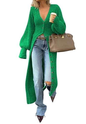 Womens Long Cardigans Sweaters Bell Sleeve Button Down Chunky Sweater Dress Open Front Knit Dusters Sweater Coat