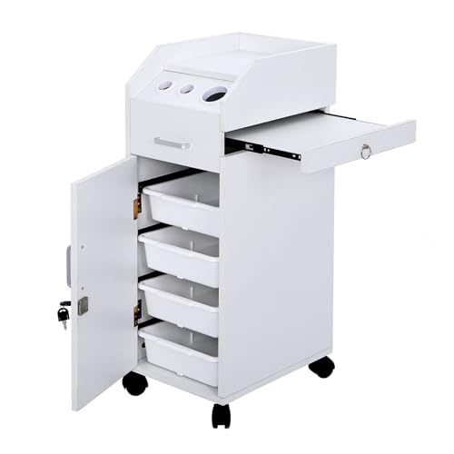 Winado Hair Salon Storage Cart with Wheels & 3 Hair Dryer Holders & 4 Drawers & Lock & 2 Keys, Hairdressing Tools Station Mobile Makeup Case, SPA Utility Trolley (White)