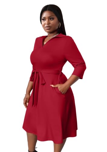 Image of FANDEE Plus Size Midi Dress for Women - Printing Summer Dresses for Wedding Guest Cocktail Party 3 /4 Sleeve V Neck（L-5XL）