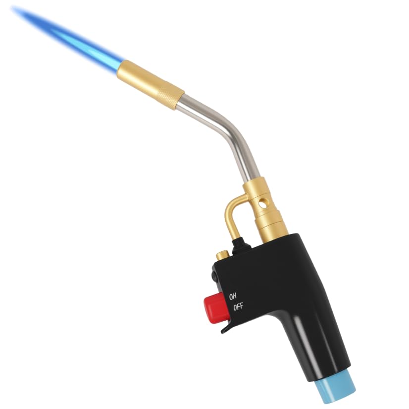 TS4000 Trigger-Start Torch Head MAPP/Propane Gas Torch Kit with Push Button Start - Angled Burner Handheld Torch for Light Welding Soldering Brazing Heating Thawing and More