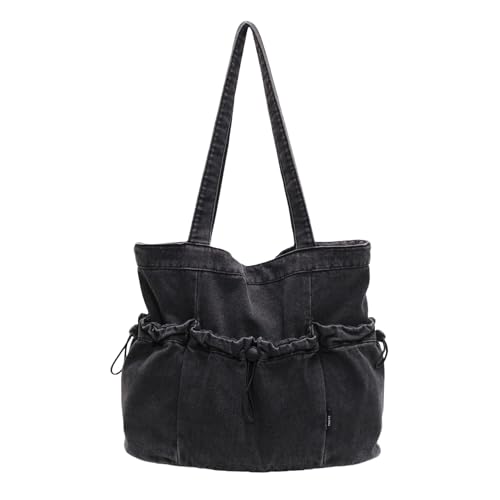 Women's Denim Shoulder Bag with Drawstring, Multi-Pockets Lightweight Hobo Purse for Daily Use Travel Shopping