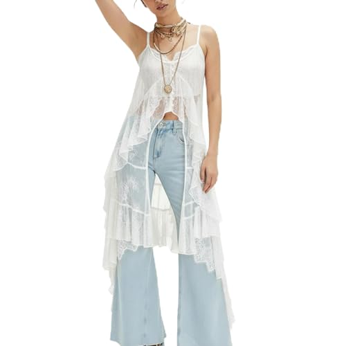 Women's See Through Sheer Lace Tunic Top Spaghetti Strap Flowy Asymmetrical Ruffle Boho Layering Camisole(White,L)
