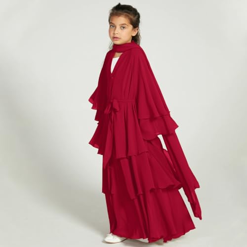 Girls Muslim Dress Chiffon Kaftan Maxi Dress Cardigan Robe Islamic Modest Hijab Dress for Girls Prayer Abaya Dress Muslim Ramadan Prayer Clothes Kids Arabian Abaya Dress Muslim Robe Red 7-8 Years4