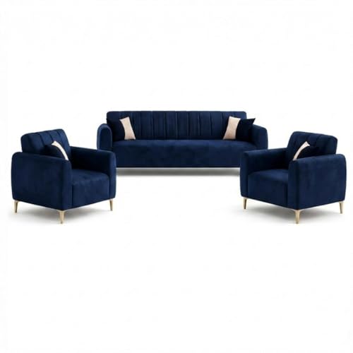 Image of Habibi Rich Velvet Suede 3+1+1 Seater Sofa Set | Spacious Soft Touch Comfort Seating | 5 Person Seating | Modern Living Room Sofa Set (Dark Blue)