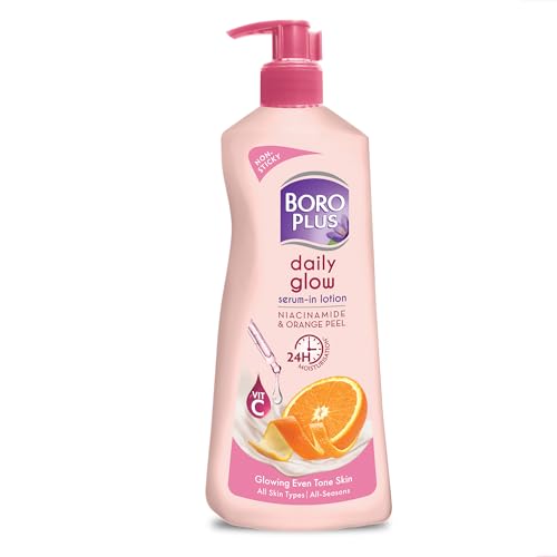 Image of BoroPlus Daily Glow Body Lotion | With Niacinamide, Orange Peel & Triple UV Filters | 24 hrs Moisturisation | For Glowing Even Tone Skin | All Seasons | All Skin Types | No Added Parabens | 400ml