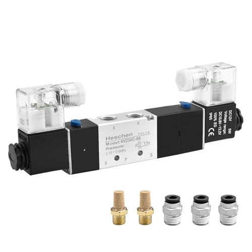 Image of Heschen Electrical Pneumatic Solenoid Valve 4V230C-08 12VDC PT1/4 5 Way 3 Position Double Coil Pilot-Operated Electric Closed Type CE with Fittings and Muffler
