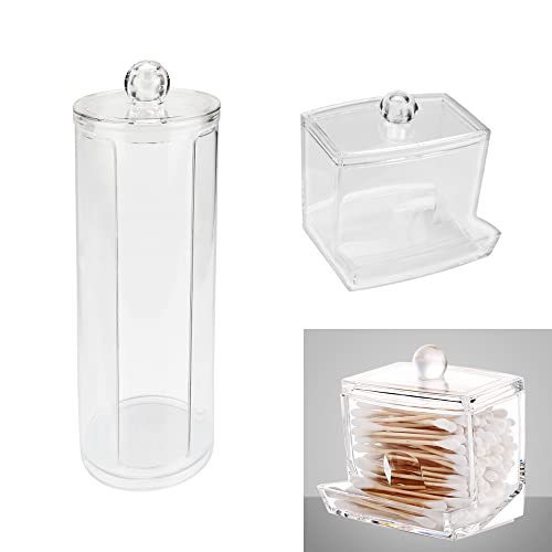 NELAHSHA 2 Pcs Dispensador de Discos Desmaquillantes con Tapa, Organizador de Maquillaje Acrílico Transparente, Caja Bastoncillos, Cilíndrico y Cuadrado, para Almacenamiento de Hisopos de Algodón Cover