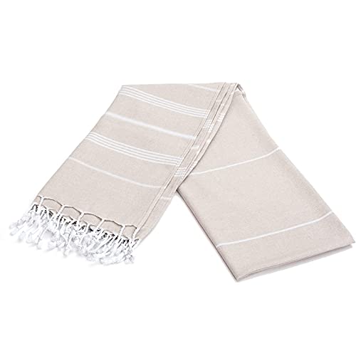 Smyrna Turkish Cotton Classical Series Beach Towel | 71 X 37 In 100% Cotton | Extra Large Wearable Turkish Bath Towel | Made In Turkey | No Shrink | Premium Luxury Striped Linen - Beige #TOP7