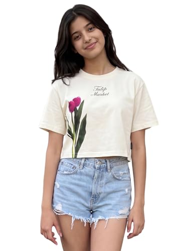 Image of Li'l Tomatoes Girls 100% Cotton Printed Top | Half Sleeve Casual Summer Top for Girls | Soft & Breathable Everyday Wear | Floral Sunflower Print | 9-16 Years