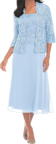 2 Piece Mother of The Bride Dresses for Wedding Tea Length Chiffon Lace Formal Evening Dress with Jacket 967