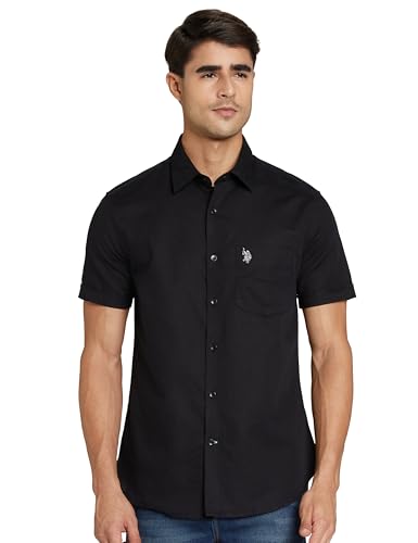 Image of U. S. Polo ASSN. Men's Solid Cotton Linen Spread Collar Half Sleeve Tailored Fit Shirts