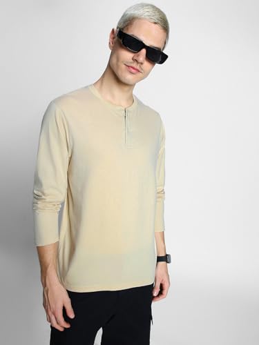 Image of Veirdo Pure Cotton Regular Fit Henley Neck Plain Solid Full Sleeve T-Shirt for Men & Boys (Color Options: Black, Red, Swanwhite, Navy Blue, White, Cork, Green, Maroon, Mustard, Royal Blue)