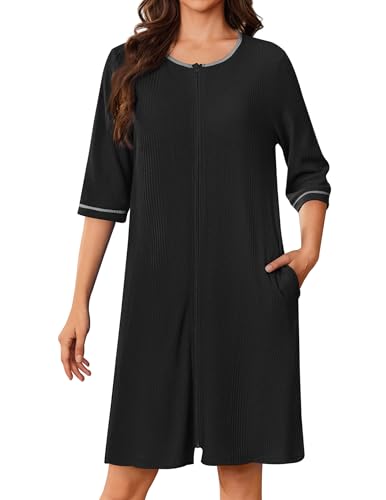 Ekouaer Zip Up Robes for Women Short Waffle Bathrobe Lightweight house coat 3/4 Sleeve Soft Nightgown with Pockets S-3XL
