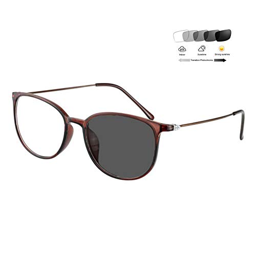 Eyetary Transition Photochromic Lesebrille Damen Herren, Retro Transparenter Rahmen Sonnenleser im Freien - UV400 Blendschutz 1,00 bis 6,00 Dioptrien, Brown frame, +4.00 Cover