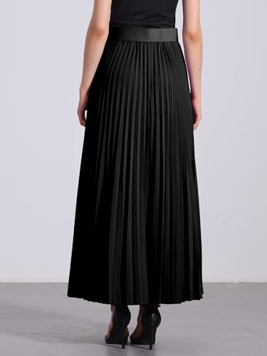 Allegra K Long Pleated Skirt for Women's Elastic High Waist with Belt Swing A-line Work Maxi Skirt3