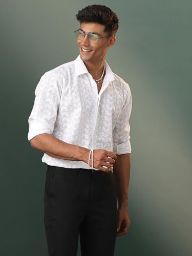 Image of VASTRAMAY Men's Cotton Ethnic Shirt I Slim Fit Solid Chikankari Regular Shirt I Everyday Casual Summer Ease Long Sleeves Shirts