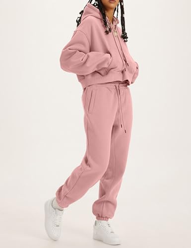 Flygo Womens Fleece 2 Piece Outfits Sweatsuit Crop Pullover Sweatshirt Joggers Pants Tracksuit Set