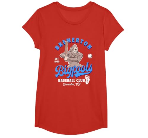 Funny Bigfoot Baseball Retro Minor League Baseball Team T-Shirt, Girls, Red, Small