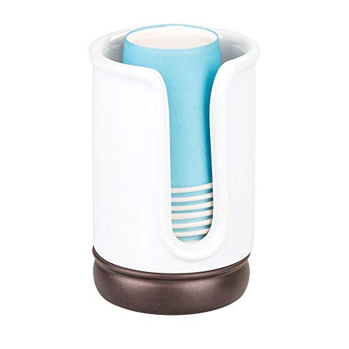mDesign Decorative Ceramic Disposable Paper or Plastic Cup Holder Dispenser for Bathroom Vanity Countertops - Use for Water, Mouthwash, Rinsing - White/Bronze