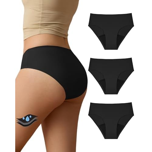 SHARICCA Seamless Period Underwear for Women Heavy Flow Teens Girls Leakproof Panties Reusable Postpartum Bikini Hipster Pack All Black XX-Large