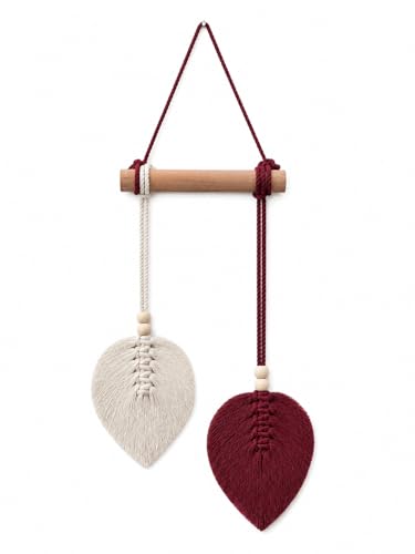Image of AdFashionble Boho Macrame Wall Hanging Leaf Decor for Home, Living Room & Bedroom | Cotton Thread Art with Wooden Rod | Minimalist Handmade Wall Decoration | Aesthetic Nordic Wall Art for Home, Office & Gift Purpose Lenght- 58 cm Width- 15 cm (MAROON & OFFWHITE)