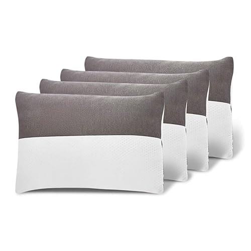 Image of Restify Hollow Fiber Sleeping Pillow Set of 4 | Soft & Supportive Head and Neck Support Pillow | Height Adjustable White & Grey | 27 x 16 Inch | Standard Size with Zip