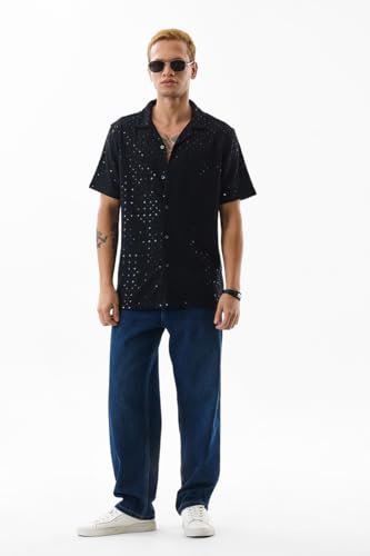 Image of SNITCH Men Casual Shirt | Regular Fit Half Sleeve Cuban Collar Textured Pattern with Embellished Sequins | 100% Viscose & Breathable Fabric for Everyday Wear