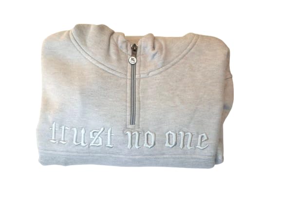 Men's Quarter-Zip Fleece Hoodie, Trust NO ONE Gothic Embroidered Pullover Sweatshirt - Light Grey, M-picture-10
