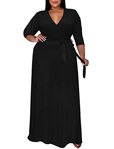 Mayfasey Plus Size Dresses For Women Solid V-Neck Wrap Maxi Dress High Waist Bridesmaid Evening Party Long A-Line Dresses Black Xxl #TOP12
