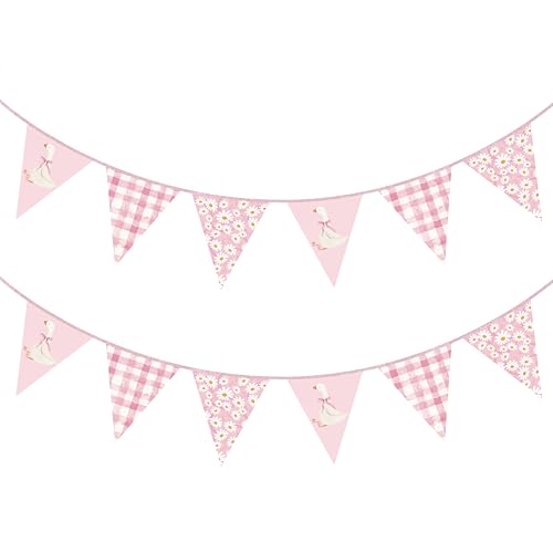Image of 30 Ft Silly Goose Party Decorations Dusty Pink Buffalo Plaid Floral Daisy Silly Goose Pennant Banner Flag Hanging Paper Triangle Bunting for Birthday Wedding Shower Party Decorations Supplies
