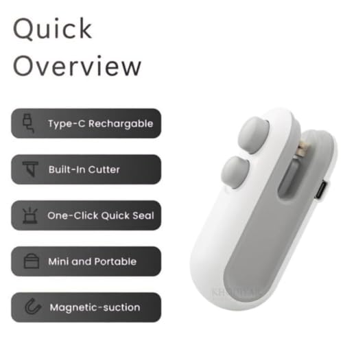 Image of Portable Mini Bag Sealer - Handheld Plastic Bag Sealing Machine with Built-in Cutter and Magnet, Rechargeable, Seal Food, Snacks, Chips, Travel and Kitchen Bags