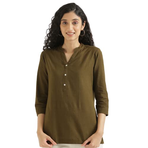 Image of SAADAA Women Short Kurti Airy Linen Regular Fit Kurta with 3 /4th Sleeves, Mandarin Collar, Side Slit Perfect for Casual, Formal, and Ethnic Wear