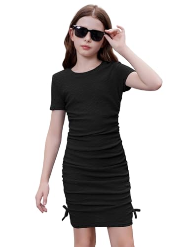 OYOANGLE Girl's Textured Drawstring Side Ruched Short Sleeve Bodycon Pencil Short Dress3