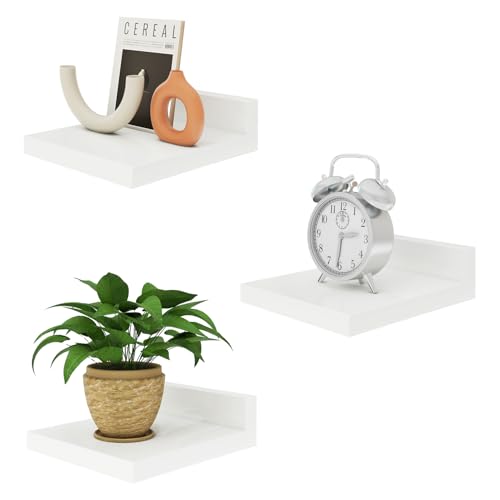 IBUYKE RF-GB505W-3 Juego de 3 estantes flotantes de pared pequeños en madera para dormitorio, baño, cocina Blanco