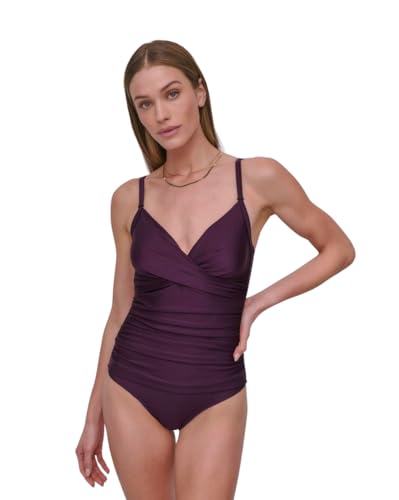 [DKNY] s[X Surplice Ruched Spaghetti Strap One Piece Swimsuit With Tummy Control fB[X |[gV}[ S
