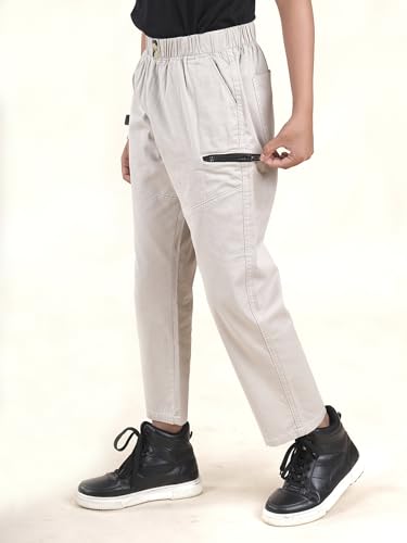 Image of Boys Cotton Elastane Full Length Solid Cargo Pant
