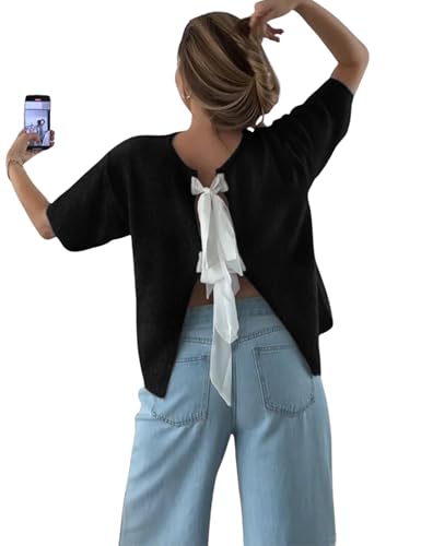 Bow Tie Front Cardigan Sweaters for Women 2025 Fall Short Sleeve Crewneck Knit Tops Cute Going Out Outfits