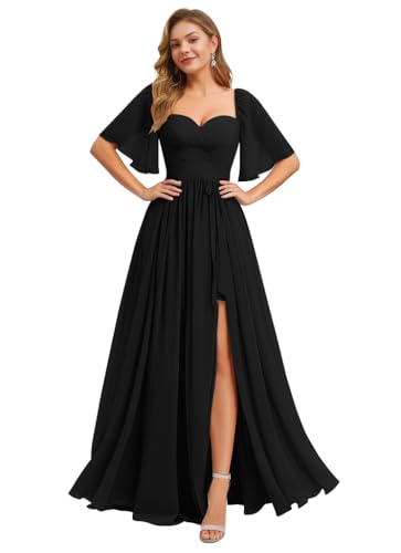Image of IIF Women's Chiffon Bridesmaid Dresses for Wedding Flutter Sleeves Ruched A Line Long Formal Dress with Slit IIF149