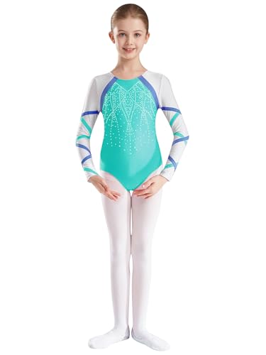 Kvysinly Leotardo Da Ginnastica Ritmica Per Bambine Maglia Da Danza A Maniche Lunghe Leotardo Balletto Con Strass Luminosi Costume Ballerina Tuta Anni Blu Verde 11-12 anni