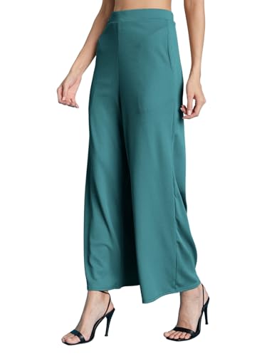 Image of Selvia Women's Solid Ribbed Lycra Elastic Regular Fit Wide-Leg Trouser