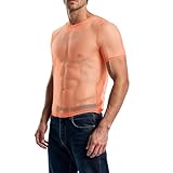 ZONBAILON Men's Sexy T-Shirts Mesh See-Through to Show Muscle Breathable and Quick-Drying Orange 2XL